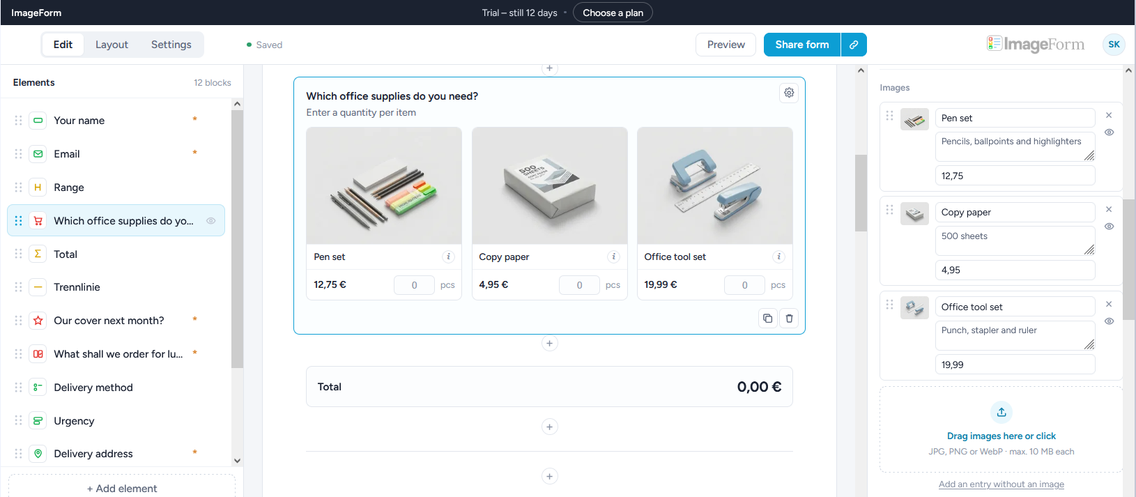 The ImageForm builder with the block list, form and settings panel